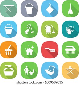 flat vector icon set - iron board vector, bucket, rag, broom, vacuum cleaner, wiping, house cleaning, brush, washing powder, toilet, floor