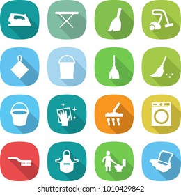 flat vector icon set - iron vector, board, broom, vacuum cleaner, rag, bucket, wiping, washing machine, brush, apron, toilet cleaning, floor