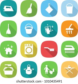 flat vector icon set - iron vector, broom, rag, bucket, wiping, vacuum cleaner, house cleaning, washing machine, brush, powder, apron, toilet, board
