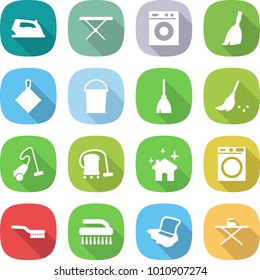 flat vector icon set - iron vector, board, washing machine, broom, rag, bucket, vacuum cleaner, house cleaning, brush, floor