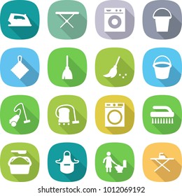 flat vector icon set - iron vector, board, washing machine, bucket, rag, broom, vacuum cleaner, brush, powder, apron, toilet cleaning