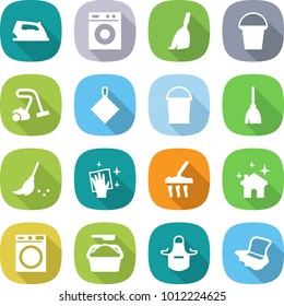 flat vector icon set - iron vector, washing machine, broom, bucket, vacuum cleaner, rag, wiping, house cleaning, powder, apron, floor
