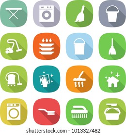 flat vector icon set - iron board vector, washing machine, broom, bucket, vacuum cleaner, plate, wiping, house cleaning, brush, powder