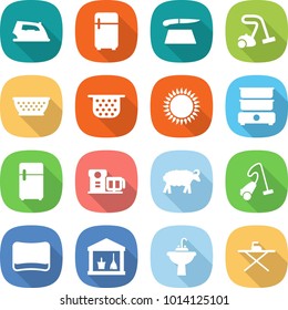 flat vector icon set - iron vector, fridge, cutting board, vacuum cleaner, colander, gas oven, double boiler, food processor, sheep, sponge, utility room, water tap sink