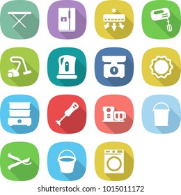 flat vector icon set - iron board vector, fridge, air conditioning, mixer, vacuum cleaner, kettle, kitchen scales, induction oven, double boiler, blender, food processor, bucket, pruner