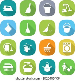 flat vector icon set - iron vector, broom, bucket, vacuum cleaner, rag, wiping, washing machine, brush, powder, apron, toilet cleaning