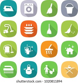 flat vector icon set - iron vector, washing machine, broom, bucket, vacuum cleaner, plate, wiping, house cleaning, brush, apron, toilet, board