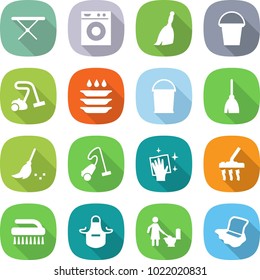 flat vector icon set - iron board vector, washing machine, broom, bucket, vacuum cleaner, plate, wiping, brush, apron, toilet cleaning, floor