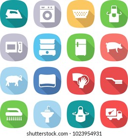 flat vector icon set - iron vector, washing machine, colander, apron, microwave oven, double boiler, fridge, pig, sheep, sponge, wiping, brush, water tap sink, home call cleaning