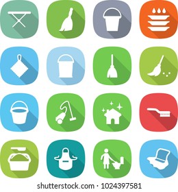 flat vector icon set - iron board vector, broom, bucket, plate washing, rag, vacuum cleaner, house cleaning, brush, powder, apron, toilet, floor