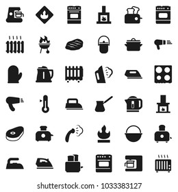 Flat vector icon set - iron vector, steaming, pan, camping cauldron, kettle, cook glove, turk coffee, toaster, oven, thermometer, bbq, steak, flammable, fireplace, heating, maker, hair dryer, heater