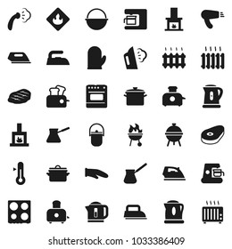 Flat vector icon set - iron vector, steaming, pan, camping cauldron, kettle, cook glove, turk coffee, toaster, oven, thermometer, bbq, steak, flammable, fireplace, heating, maker, hair dryer, heater