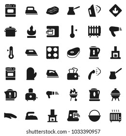 Flat vector icon set - iron vector, steaming, pan, camping cauldron, kettle, cook glove, turk coffee, toaster, oven, thermometer, bbq, steak, flammable, fireplace, maker, hair dryer, heater