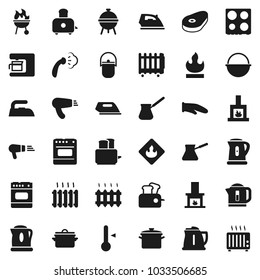 Flat vector icon set - iron vector, steaming, pan, camping cauldron, kettle, cook glove, turk coffee, toaster, oven, thermometer, bbq, steak, flammable, fireplace, heating, maker, hair dryer, heater