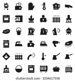 Flat vector icon set - iron vector, steaming, pan, camping cauldron, kettle, cook glove, turk coffee, toaster, oven, thermometer, bbq, steak, flammable, fireplace, heating, maker, hair dryer, heater
