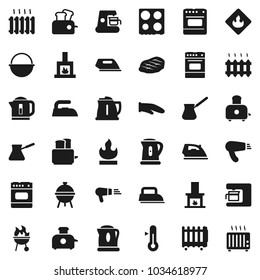 Flat vector icon set - iron vector, camping cauldron, kettle, cook glove, turk coffee, toaster, oven, thermometer, bbq, steak, flammable, fireplace, heating, maker, hair dryer, heater