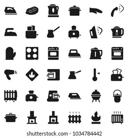 Flat vector icon set - iron vector, steaming, pan, camping cauldron, kettle, cook glove, turk coffee, toaster, oven, thermometer, bbq, steak, flammable, fireplace, heating, maker, hair dryer, heater