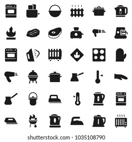 Flat vector icon set - iron vector, steaming, pan, camping cauldron, kettle, cook glove, turk coffee, toaster, oven, thermometer, bbq, steak, flammable, heating, maker, hair dryer, heater