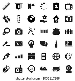 Flat vector icon set - iron vector, drying clothes, shining window, house hold, oil, ruler, archive, pie graph, dollar growth, auction, flag, personal information, scales, jump rope, cereals, radio