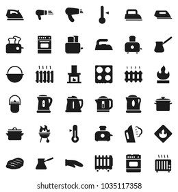 Flat vector icon set - iron vector, steaming, pan, camping cauldron, kettle, cook glove, turk coffee, toaster, oven, thermometer, bbq, steak, flammable, fireplace, heating, hair dryer, heater
