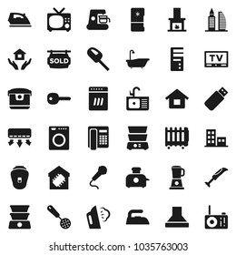 Flat vector icon set - iron vector, steaming, bath, house hold, sink, skimmer, double boiler, tv, key, sold signboard, apartments, office building, fireplace, smart home, washer, dishwasher, fridge