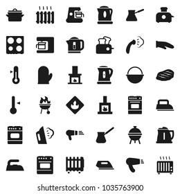 Flat vector icon set - iron vector, steaming, pan, camping cauldron, kettle, cook glove, turk coffee, oven, thermometer, bbq, steak, flammable, fireplace, heating, maker, toaster, hair dryer, heater