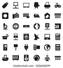 Flat vector icon set - iron vector, microscope, calculator, world, earth, satellite antenna, gamepad, video camera, speaker, rec button, tomography, tooth implant, connection, notebook network, hub