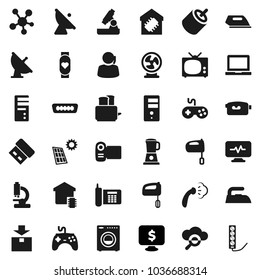 Flat vector icon set - iron vector, steaming, mixer, toaster, microscope, notebook pc, monitor dollar, heart, phone, support, package, satellite antenna, gamepad, video camera, social media, rca, tv