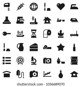 Flat vector icon set - iron vector, toilet brush, paper, oil, jug, cake, book, microscope, world, graph, sand clock, target, port, dry cargo, flammable, camera, heart, syringe, eye doctor hat, house