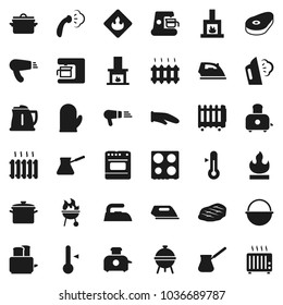 Flat vector icon set - iron vector, steaming, pan, camping cauldron, kettle, cook glove, turk coffee, toaster, oven, thermometer, bbq, steak, flammable, fireplace, heating, maker, hair dryer, heater