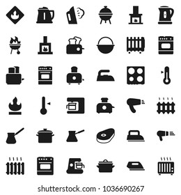 Flat vector icon set - iron vector, steaming, pan, camping cauldron, kettle, turk coffee, toaster, oven, thermometer, bbq, steak, flammable, fireplace, heating, maker, hair dryer, heater