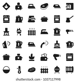 Flat vector icon set - iron vector, steaming, pan, camping cauldron, kettle, turk coffee, toaster, oven, thermometer, bbq, steak, flammable, fireplace, heating, maker, hair dryer, heater