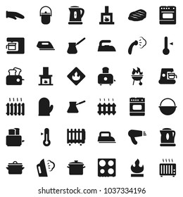 Flat vector icon set - iron vector, steaming, pan, camping cauldron, kettle, cook glove, turk coffee, toaster, oven, thermometer, bbq, steak, flammable, fireplace, heating, maker, hair dryer, heater