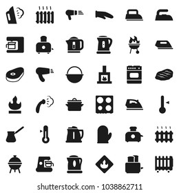 Flat vector icon set - iron vector, steaming, pan, camping cauldron, kettle, cook glove, turk coffee, toaster, oven, thermometer, bbq, steak, flammable, fireplace, heating, maker, hair dryer, heater