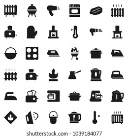 Flat vector icon set - iron vector, steaming, pan, camping cauldron, kettle, cook glove, turk coffee, toaster, oven, thermometer, bbq, steak, flammable, fireplace, heating, maker, hair dryer, heater