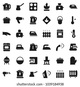 Flat vector icon set - iron vector, steaming, pan, camping cauldron, kettle, cook glove, turk coffee, toaster, oven, thermometer, bbq, flammable, fireplace, heating, maker, hair dryer, heater