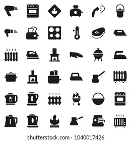 Flat vector icon set - iron vector, steaming, pan, camping cauldron, kettle, cook glove, turk coffee, toaster, oven, thermometer, bbq, steak, flammable, fireplace, heating, maker, hair dryer, heater