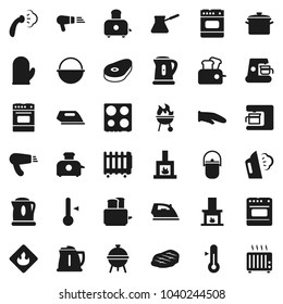 Flat vector icon set - iron vector, steaming, pan, camping cauldron, kettle, cook glove, turk coffee, toaster, oven, thermometer, bbq, steak, flammable, fireplace, maker, hair dryer, heater