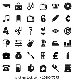 Flat vector icon set - iron vector, cleaning agent, toilet paper, cereal, pasta, chicken leg, graduate hat, pen, music, graph, crisis, case, pound, cent sign, stopwatch, swimsuite, gymnast rings, tv