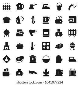 Flat vector icon set - iron vector, steaming, pan, camping cauldron, kettle, cook glove, turk coffee, toaster, oven, thermometer, bbq, steak, flammable, fireplace, heating, maker, hair dryer, heater