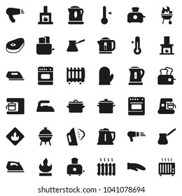 Flat vector icon set - iron vector, steaming, pan, kettle, cook glove, turk coffee, toaster, thermometer, bbq, steak, flammable, fireplace, heating, maker, oven, hair dryer, heater