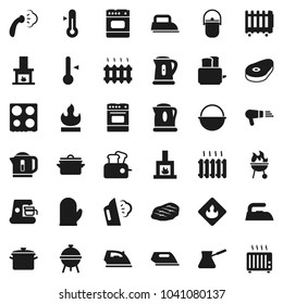 Flat vector icon set - iron vector, steaming, pan, camping cauldron, kettle, cook glove, turk coffee, toaster, oven, thermometer, bbq, steak, flammable, fireplace, heating, maker, hair dryer, heater