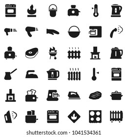 Flat vector icon set - iron vector, steaming, pan, camping cauldron, kettle, cook glove, turk coffee, toaster, oven, thermometer, bbq, steak, flammable, fireplace, heating, maker, hair dryer, heater