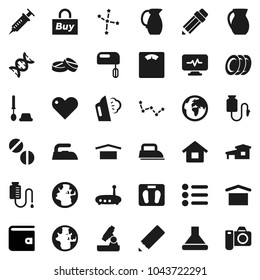 Flat vector icon set - iron vector, steaming, toilet brush, plates, jug, pencil, microscope, world, constellation, wallet, scales, earth, dry cargo, heart, dna, syringe, pills, diagnostic monitor
