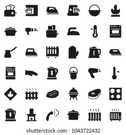 Flat vector icon set - iron vector, steaming, pan, camping cauldron, kettle, cook glove, turk coffee, toaster, oven, thermometer, bbq, steak, flammable, fireplace, heating, maker, hair dryer, heater