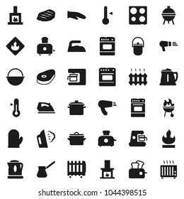 Flat vector icon set - iron vector, steaming, pan, camping cauldron, kettle, cook glove, turk coffee, toaster, oven, thermometer, bbq, steak, flammable, fireplace, heating, maker, hair dryer, heater