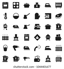 Flat vector icon set - iron vector, steaming, pan, camping cauldron, kettle, cook glove, turk coffee, toaster, oven, thermometer, bbq, steak, flammable, fireplace, heating, maker, hair dryer, heater