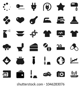 Flat vector icon set - iron vector, toilet, brush, sprayer, plates, cake, world, graph, wallet, tie, pills, flammable, heart, dna, diagnostic monitor, cloud exchange, loading, pool, star, clothes