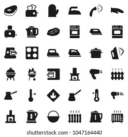 Flat vector icon set - iron vector, steaming, pan, camping cauldron, kettle, cook glove, turk coffee, toaster, oven, thermometer, bbq, steak, flammable, fireplace, heating, maker, hair dryer, heater