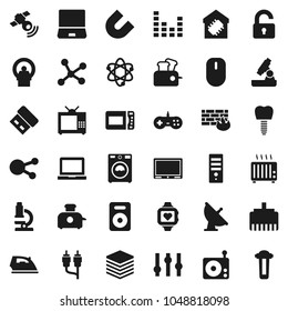 Flat vector icon set - iron vector, washer, atom, microscope, notebook pc, magnet, heart monitor, satellite antenna, radio, satellitie, settings, equalizer, social media, speaker, rca, tomography